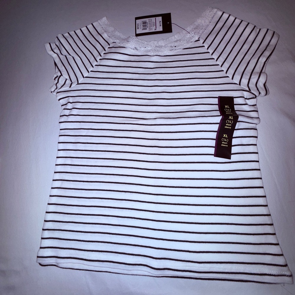 Art Class Striped T-Shirt Kids XL 14 Ivory New Lace Trim Short Sleeve Cotton